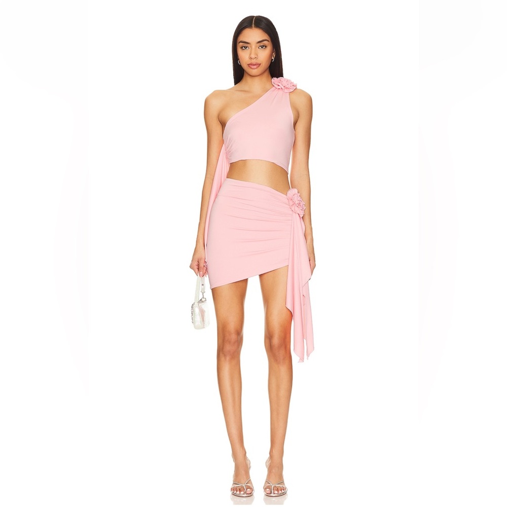 Lovers + Friends One-Shoulder Ruched Skirt Set—Pink, Size S